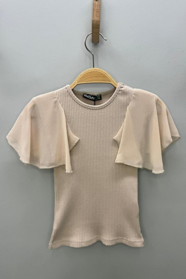 Girl Child 5-14 Years Chiffon Short Sleeve Ribbed Knit Bodysuit 4245 Beige