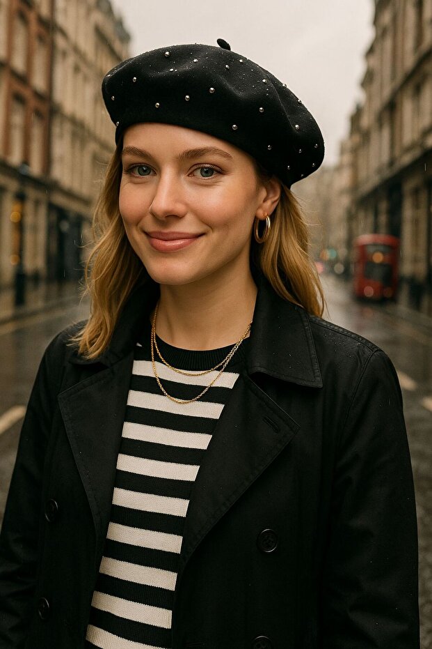 Black Pearl Stone Embroidered Women's Painter Beret
