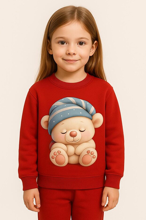 Uyuyan Bear with Hat Patterned Sh Fleece-Lined Set 3-4-5-6-7-8-9-10-11-12 Years Old