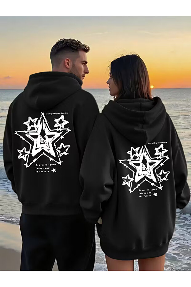 Star Pattern Printed Hoodie - Trendy Lover's Combination Oversize 3 Thread Sweatshirt Set of 2 Black