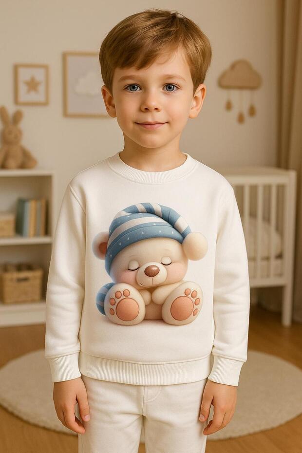 Uyuyan Bear with a Hat Patterned Set of Fleece-Lined Sweatshirt3-4-5-6-7-8-9-10-11-12 Years Old