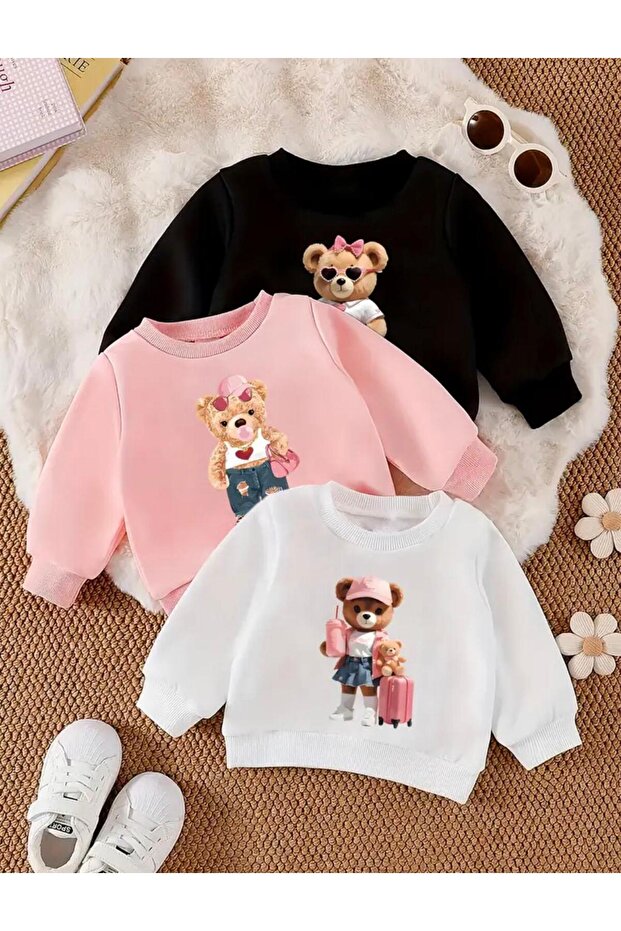 Girl's 3-Piece Cute Pink Teddy Printed Sweatshirt