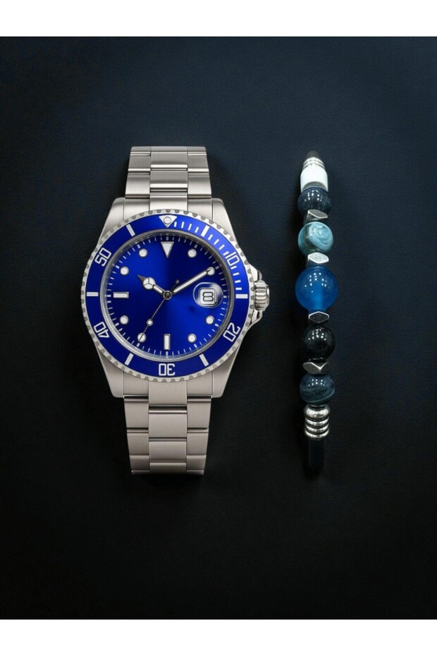 Blue Dial Steel Men's Watch and Natural Stone Bracelet Set – Stylish Gift Boxed