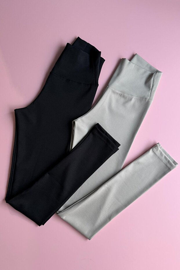 Form Class | 2-Pack Black and Cream Long, Ribbed Knit, Shaping, High-Waist Women's Leggings