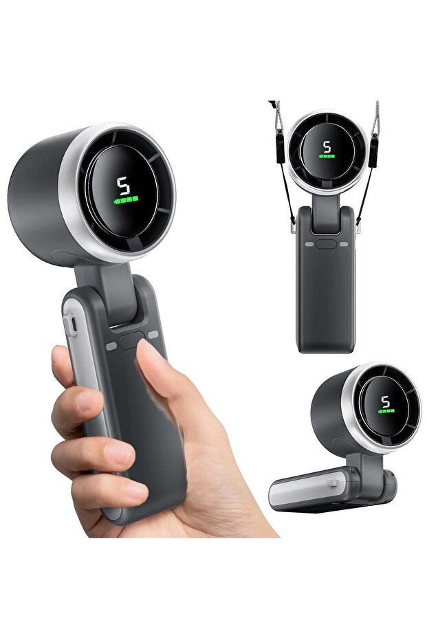 Portable Handheld Mini Fan, Black, Foldable, 3600mAh, USB-C, 5-Speed, Digital Display