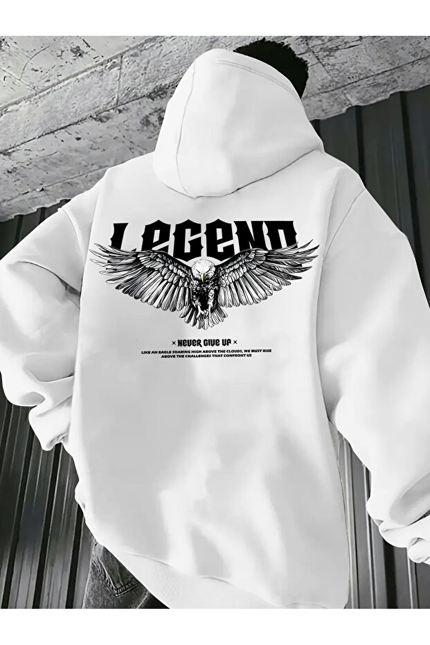 Men's Legend Eagle Back Print Detailed Oversized Hooded Sweatshirt Comfortable and Stylish Design