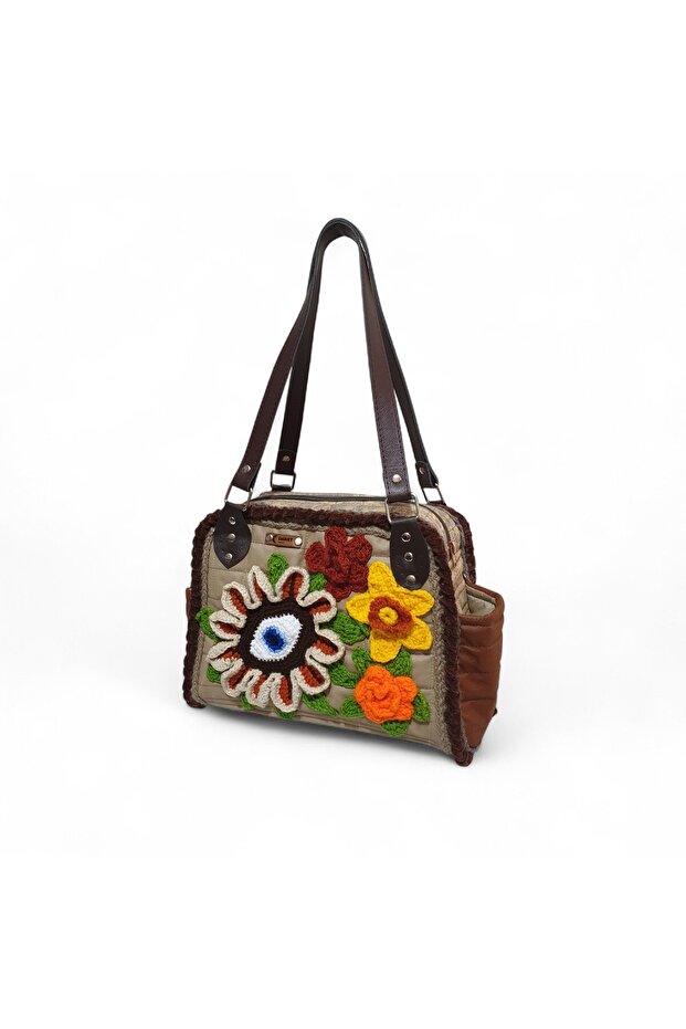 Crochet Knitted Flower Detailed Shoulder Bag, Handmade Custom Design Bag