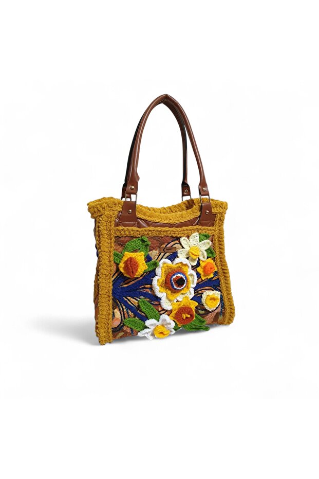Crochet Knitted Flower Detailed Shoulder Bag, Handmade Custom Design Bag