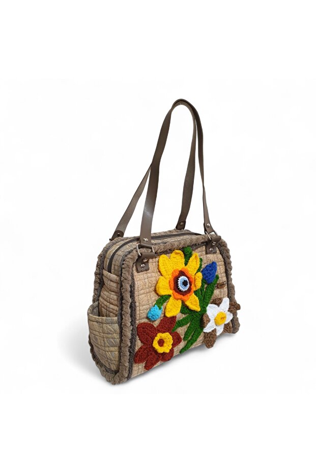 Crochet Knitted Flower Detailed Shoulder Bag, Handmade Custom Design Bag
