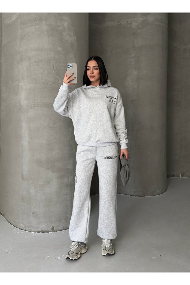 Women's Oversize Printed 3-Yarn Rastered Tracksuit Set