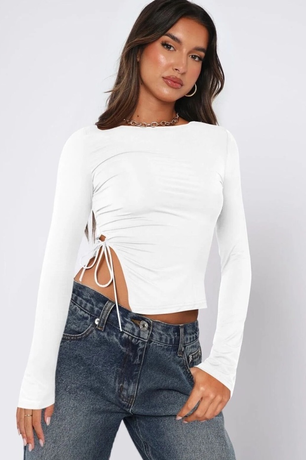 4076 so a Buttoned-Forward Long-Sleeve Blouse with Flexible Fabric