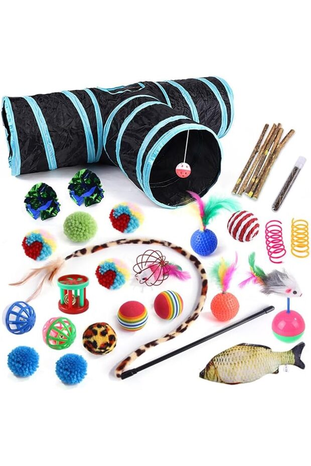 30-piece Cat Toy Set — Interactive, Foldable 3-way Tunnel with Wand, Fur Ball, Mouse, Fish & - 1