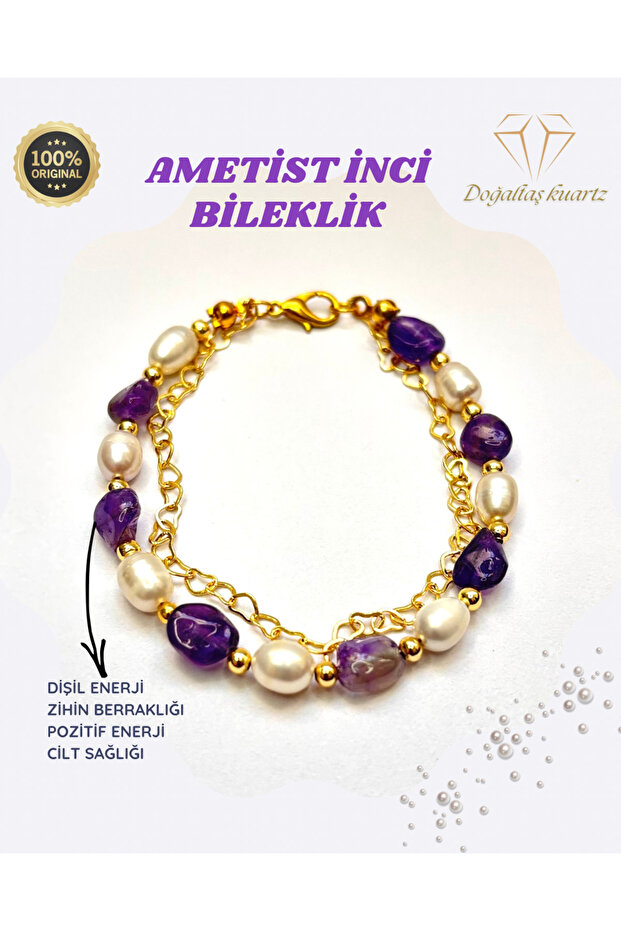 Natural Stone Bracelet with Pearl Amethyst Chain. Certified Original Natural Stone