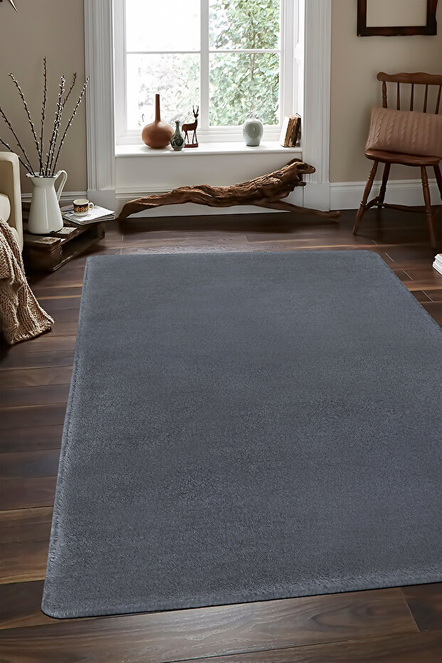 Plush Carpet Dark Gray Color Washable Non-Slip Cut Rug Runner 80X100