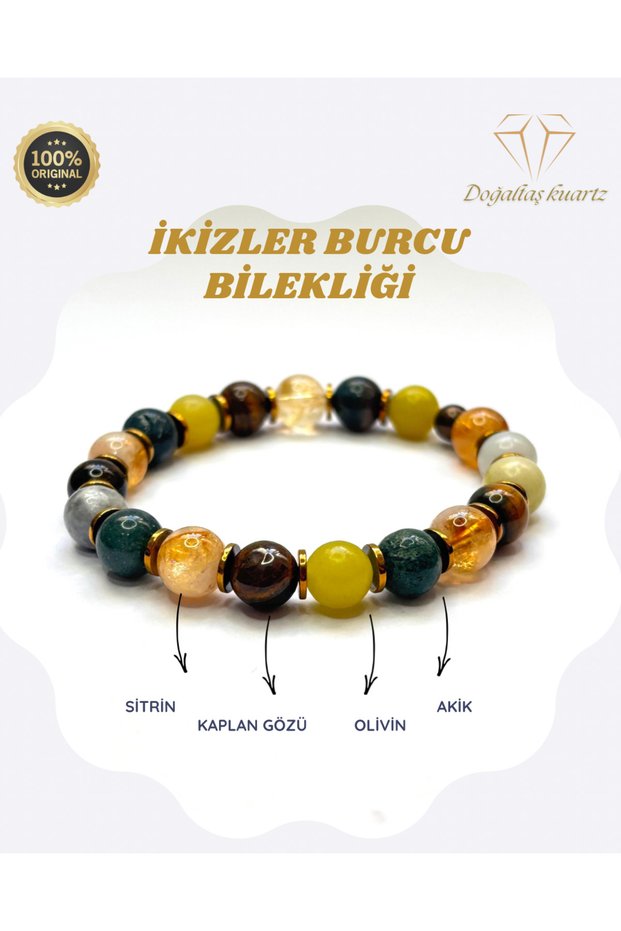 Gemstone Bracelet with the Sign of the Twins Zodiac. Certified Original Natural Stone
