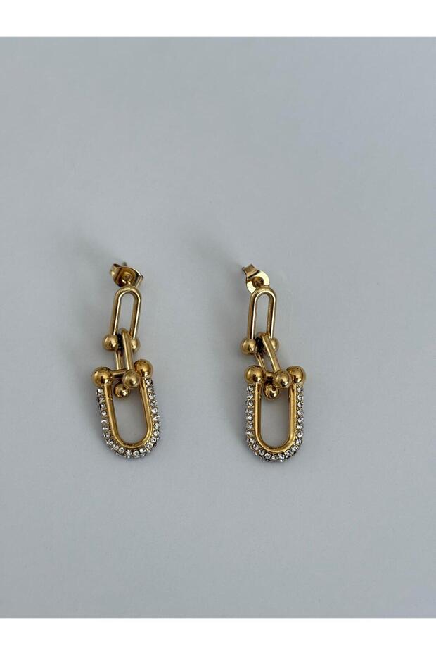 Tiffy Model Zircon Stone Detail Dangle Gold Steel Earrings
