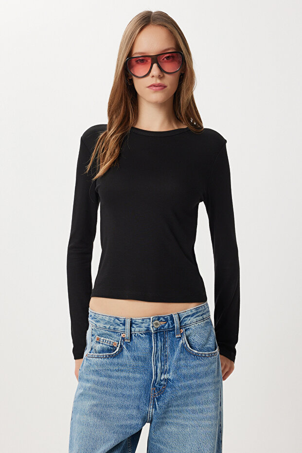 Basic Fitilli Örme Bluz LUB0296 SİYAH - 1