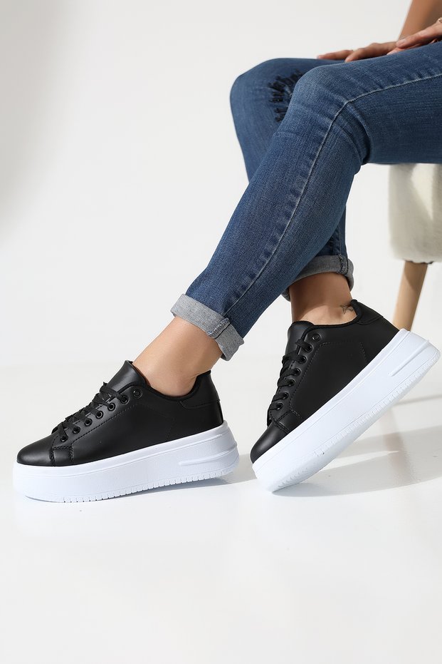 Women's Black and White Thick Sole Sports Shoes | Stylish and Comfortable Sneaker Model Suitable for Daily Use