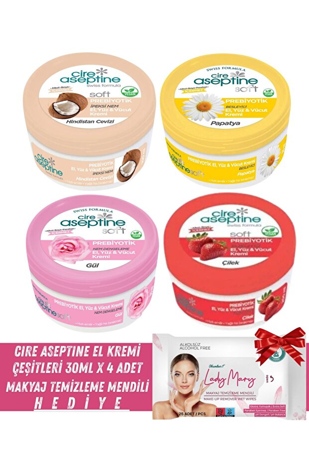 Cire Aeptine Hand Cream Care Set 30 ml X 4 Pieces + Makeup Removal Wipes 25 Pack Gift