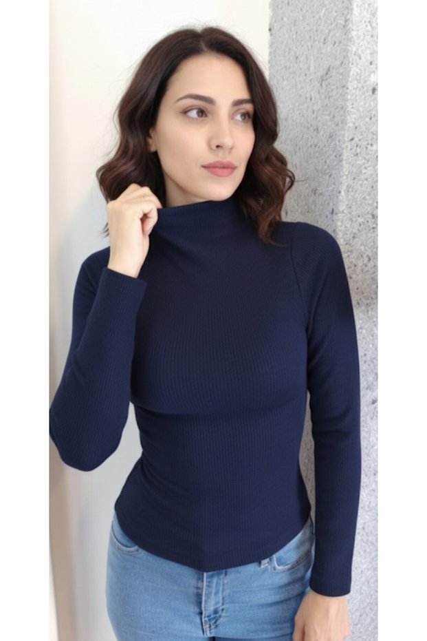 Dark Blue Half Fisherman Ribbed Non-Wrinkle Fabric Women's Body (Slim Fit)