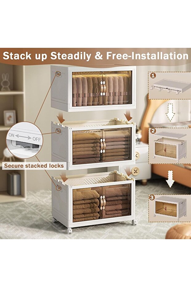 Plastic storage boxes with lids — four-tier collapsible stackable box with wheels - 2