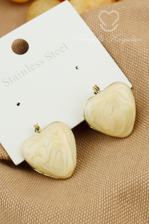 Original Steel Ring - Gold Pearlescent Cream Scallop Heart Steel Non-Tarnish Non-Fade Earrings Daily Wear 2cm