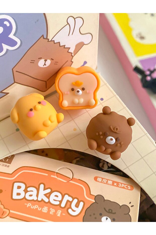 Kawaii 3Pcs Mini Pupu Bear Teddy Bear Cheese Bakery Flower Eraser School Office Necessities Gift