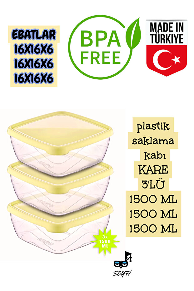 Plastic Storage Container Square 3-Piece 1500 ml 1500 ml 1500 ml Yellow