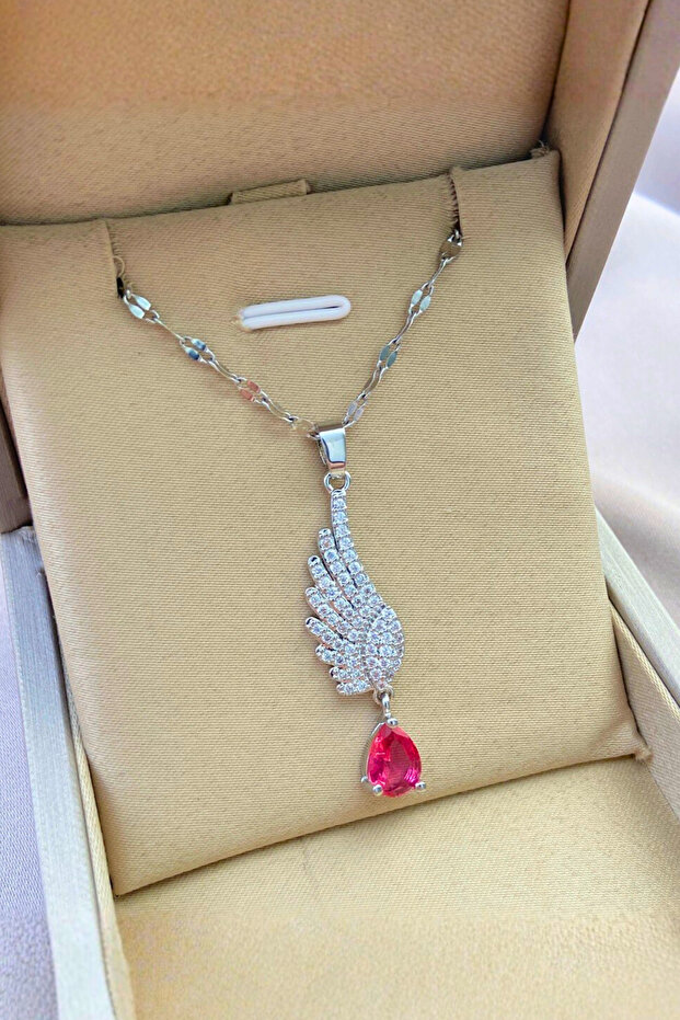 Pink Stone Angel Wing Steel Necklace