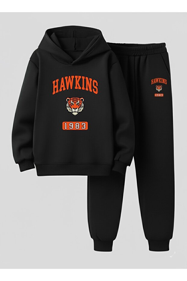 طقم بغطاء رأس قطعة للأولاد HAWKINS مطبوع 3 Thread Ş مبطن بالصوف سويت شيرت - طقم رياضي