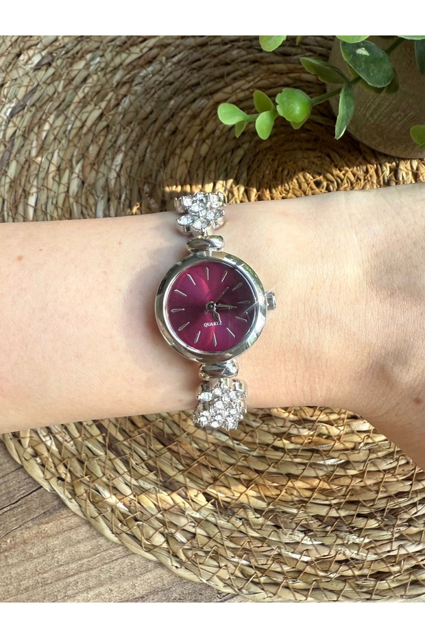 Stylish Silver Women's Wristwatch with Round Burgundy Dial and Stone Accents