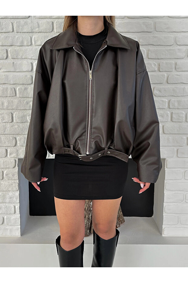 Women's Oversized Leather Jacket – Oversized Relaxed Fit, Zippered Belt Detail Everyday Women's Jacket