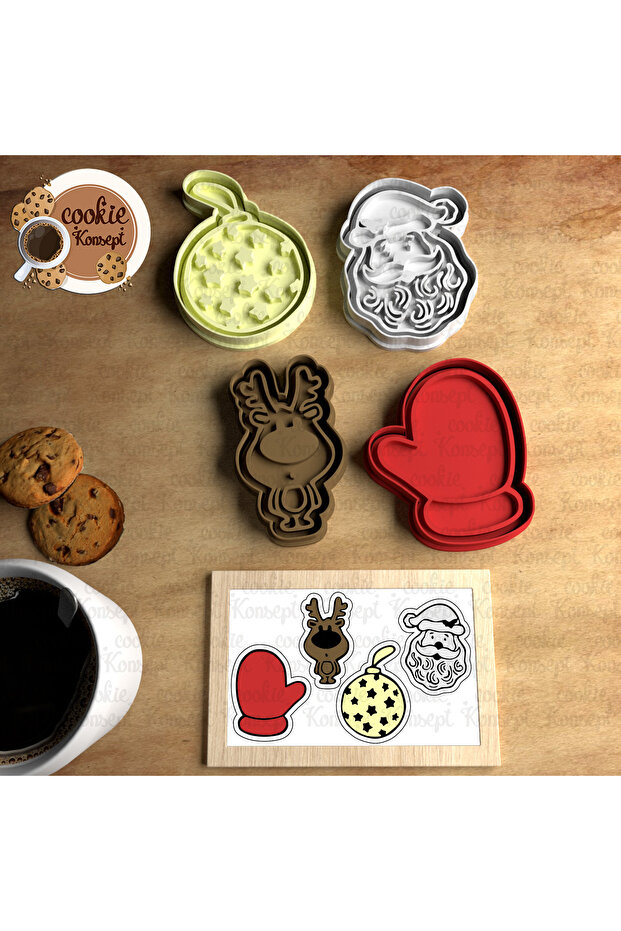 Christmas Mold Set # 2 - Cookie, Dough, and Clay Compatible 4-Piece Cutter and Stamp Set
