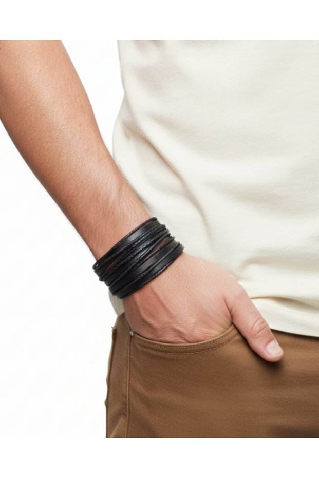 2Pcs Classic Style Leather Bracelet Multilayer Black Real Leather Bracelet