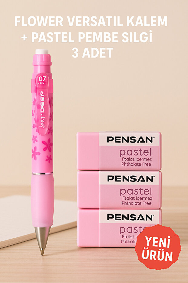 Flower Versatil Pen + Pastel Pink Eraser 3 Pieces
