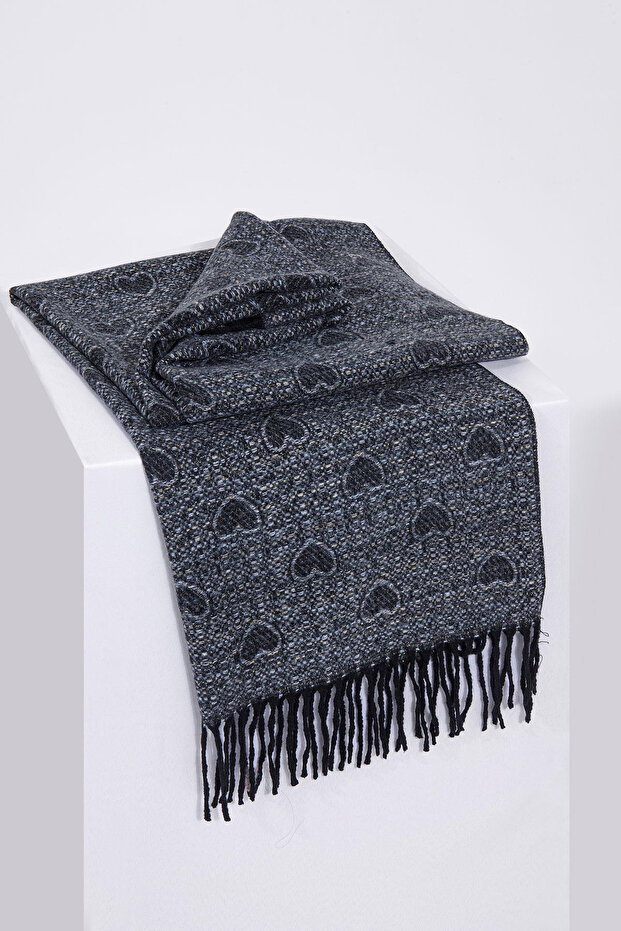 Heart-Patterned Wool Winter Scarf - Black