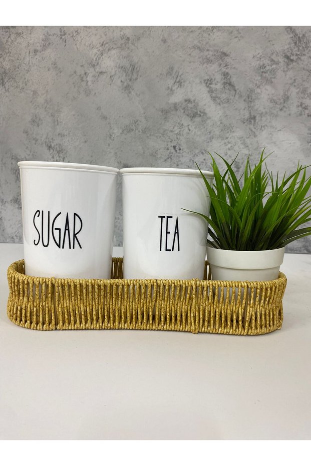 Set of 2 Acrylic (Plastic) Tea/Sugar Storage Containers with Rattan Baskets, Set of 4 with Flower Gift