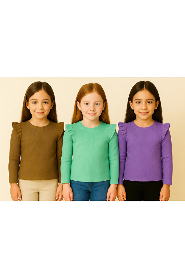 Girl's 3-Piece Long Sleeve Ribbed Bodysuit Set - Coffee Lilac Mint - Ruffle Detailed Soft