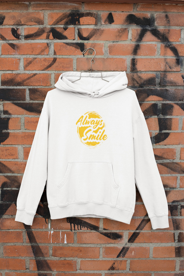 Always Smile Printed Cotton Long Sleeve Fleece-Lined 3 Yarn Hooded Sweatshirt