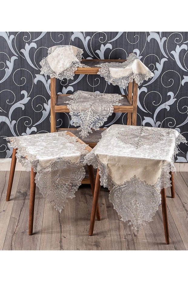 Melina Cappuccino Velvet French Lace 5-Piece Living Room Set Tablecloth Runner Set