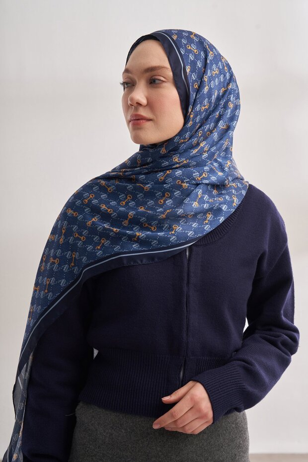 Monogram Patterned Imported Voile Shawl - Denim Blue-Baby Blue
