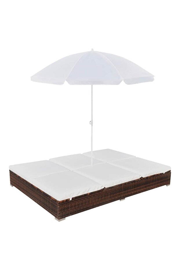 Outdoor Lounge Bed with Umbrella Poly Rattan Brown