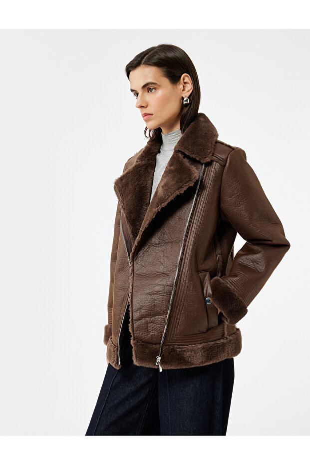 Plush Lined Long Sleeve Collar Faux Fur Double-Breasted Leather-Look Jacket