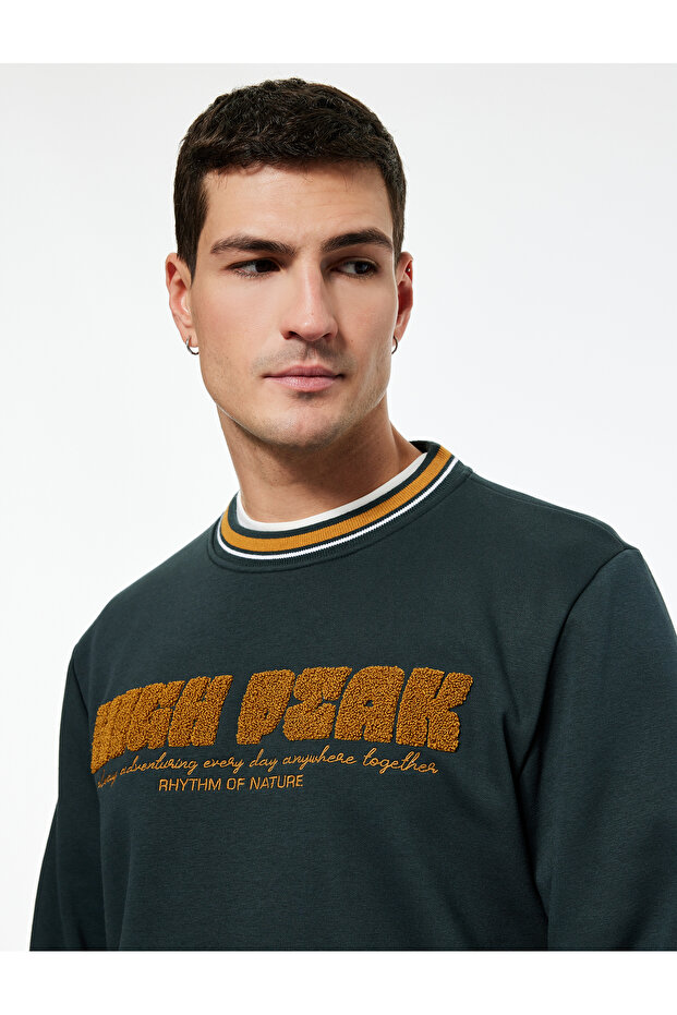 Long Sleeve Striped Detail Fleece-Lined Crew Neck Embroidered Sweatshirt