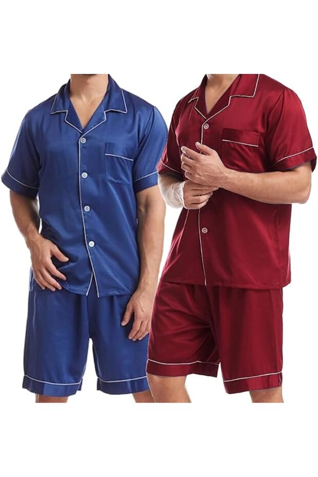 Mens Satin Pajama Set Button-Down Short Sleeve MG02