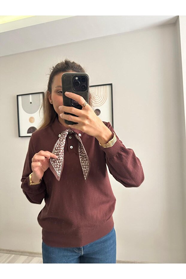 Soft Textured - Satin Scarf - Polo Neck Knit Long Sleeve Sweater