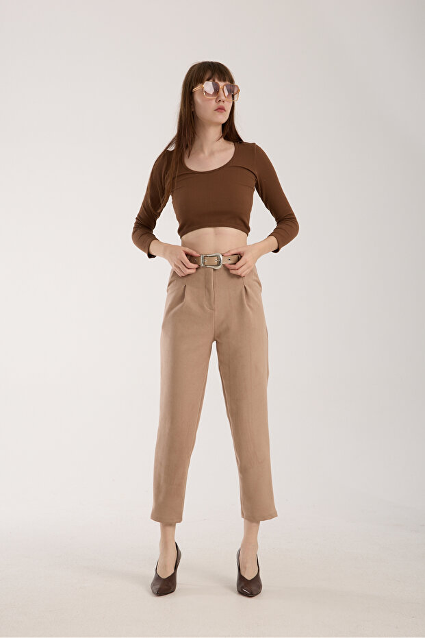 Suede Fabric Belted Pleated Women Pants