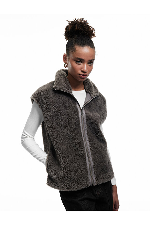 Zippered Long Shawl Collar Plush Vest