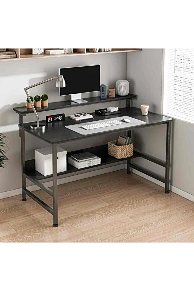 Study Desk with Bookshelf,Computer Table with Under-Desk Storage,Black - 1