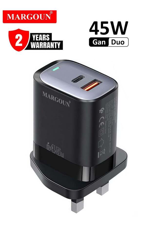 45W Power Adapter Duo, Dual USB-C & USB-A Ports, PD & QC Super Fast Charging Black